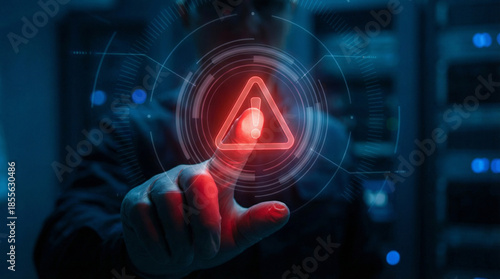 Close Up of Finger Touching Red Critical Warning Symbol on Futuristic High Tech Security Panel