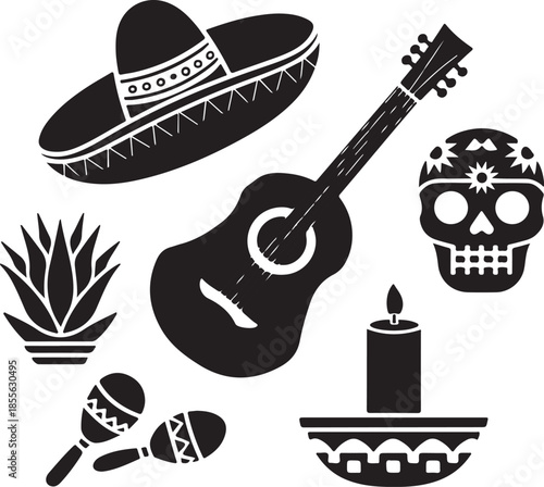 Mexican cultural symbols including sombrero guitar maracas