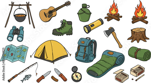 Camping gear and outdoor equipment illustration