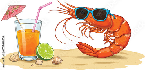 Shrimp wearing sunglasses with a cocktail and lime on the beach