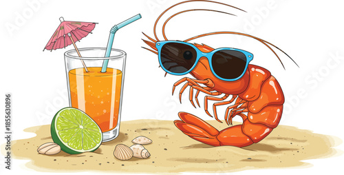 Shrimp wearing sunglasses relaxing with cocktail on the beach