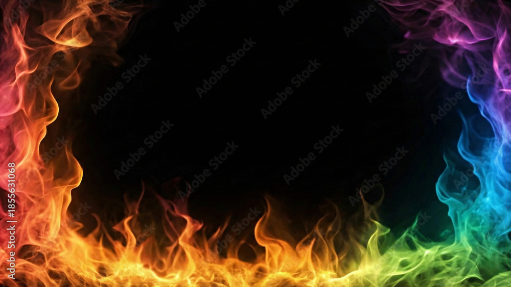 Fototapeta premium A beautiful inferno of rainbow-colored flames frames the bottom and sides, creating a vibrant and magical scene on black.