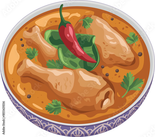 Authentic Spicy Chicken Curry Vector Illustration with Red Chili and Fresh Herbs for Food Branding