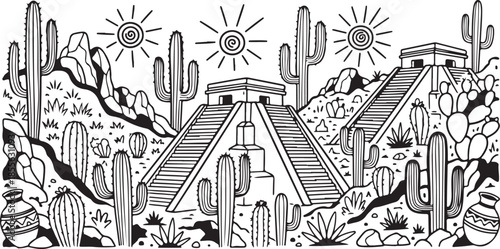 Desert landscape with ancient pyramid and cacti under dual suns
