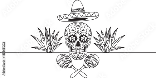 Dia de los muertos sugar skull wearing sombrero and tropical leaves