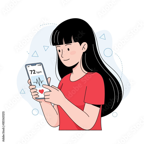 Young woman actively uses a smartphone application to monitor her heart rate and track vital health metrics, embracing digital wellness technology