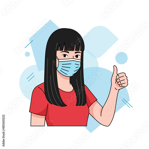 Stay safe and healthy Young woman proudly wears face mask giving a positive thumbs up sign