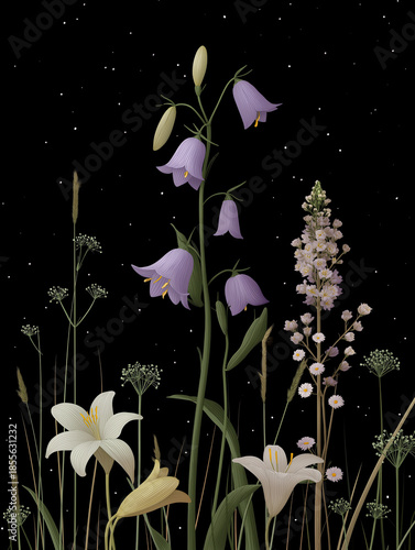Tall blossoms rise against star-speckled darkness creating dreamy nocturnal meadow illustration.