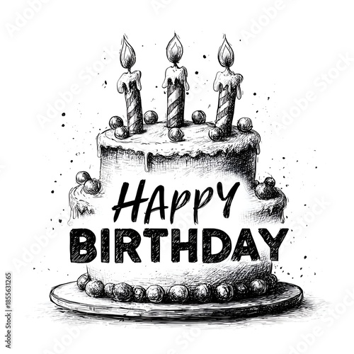 A charming hand-drawn birthday cake illustration features lit candles and decorative dots adding a whical touch to celebrate the special day.