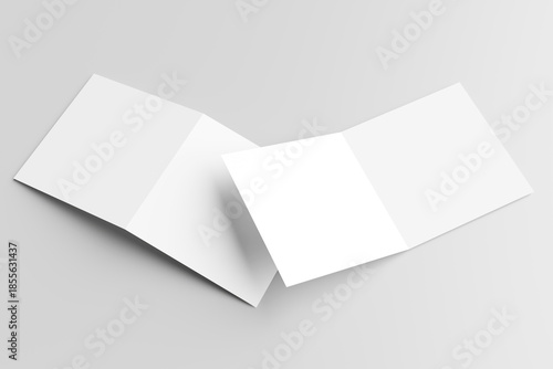 Half-fold brochure or bifold square blank white template for mockup and presentation design. Isolated on gray background. 3d rendering.