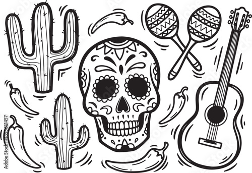 Day of the dead skull with guitar cactus and maracas