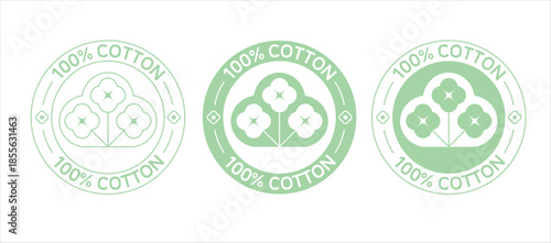 100% Cotton logo, round, with stylized branches and cotton flowers in green tones