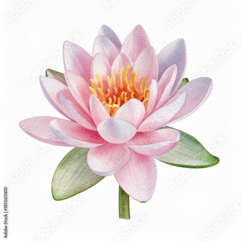 A delicate pink water lily with vibrant yellow stamens, beautifully rendered in watercolor for a serene and natural aesthetic