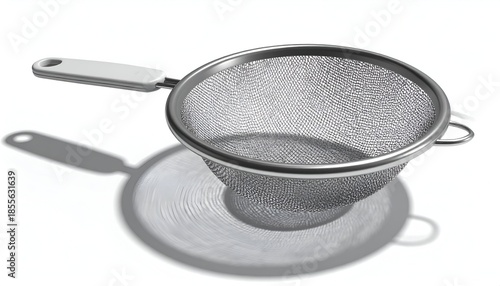 A close-up studio shot shows a stainless steel sieve with a white handle, casting a shadow