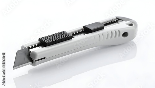 A close-up studio shot shows a utility knife with a retractable blade, lying on a white surface