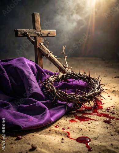 A somber religious scene depicting the Crown of Thorns, a broken cross, and purple cloth on sand with blood.