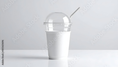 A clear-domed, disposable cup with a straw stands on a white surface, lit by soft light