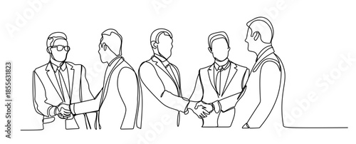 Continuous one line drawing of young office workers giving high five together, business teamwork concept, single line art