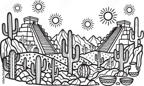 Ancient desert landscape with pyramids and cacti under sunny skies