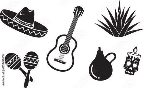 Mexican culture icons including sombrero guitar maracas