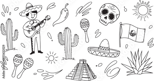 Desert scene with cowboy cactus skull and sun illustrations