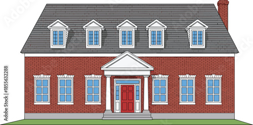 Classic suburban brick house exterior with symmetrical windows, red front door, and traditional American home design