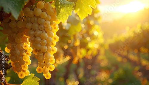 Luminous white grapes ripen under the golden glow of the setting sun in a vineyard.