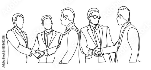 Continuous one line drawing of young office workers giving high five together, business teamwork concept, single line art