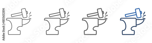 
outline icon set blacksmith with hammer and steel table design