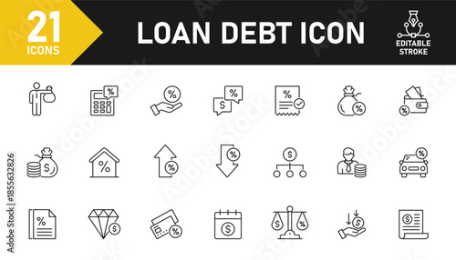 Loan and debt line icon set. Set of 21 outline icons related to debt, loan, mortgage, interest, credit, leasing, money, banking and others. Editable stroke. Vector illustration.