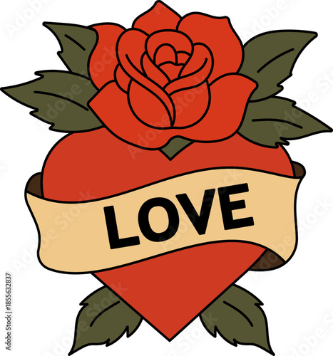 Vintage heart with rose and ribbon love banner in classic tattoo and retro midcentury style. Bold outlined romantic icon. Vector illustration for prints, decorative and digital design.