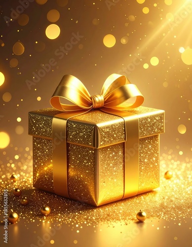 A stunning golden gift box with a shiny bow set against a sparkling background of warm bokeh lights.