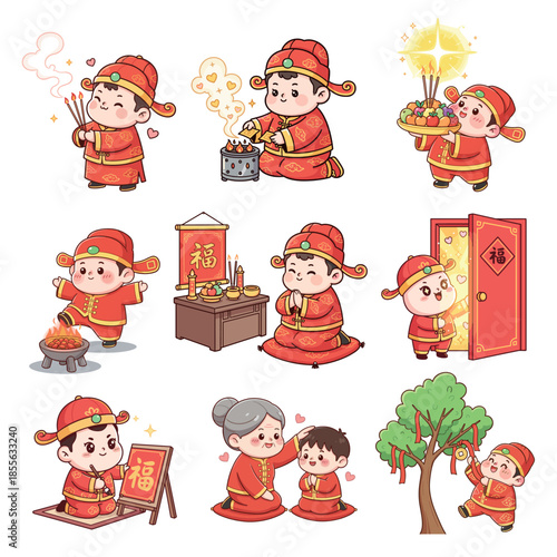 A collection of cute chibi characters performing traditional Chinese New Year rituals, prayers, and family blessings