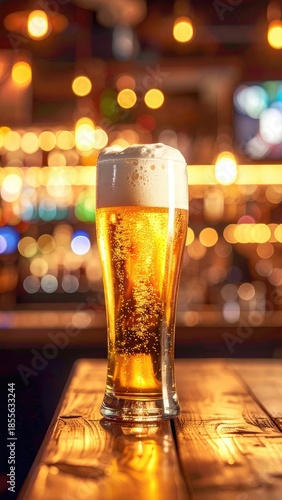 A tall glass of golden beer with a frothy head sits on a warmly lit wooden bar top.
