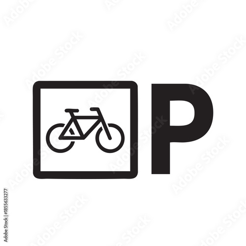 Bicycle and parking sign combined in a minimalist icon design