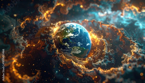 A vibrant, glowing cosmic event swirls around the Earth in this stylized digital artwork.