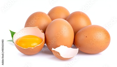 Six brown eggs, one cracked showing bright yellow yolk, with green leaf sprig