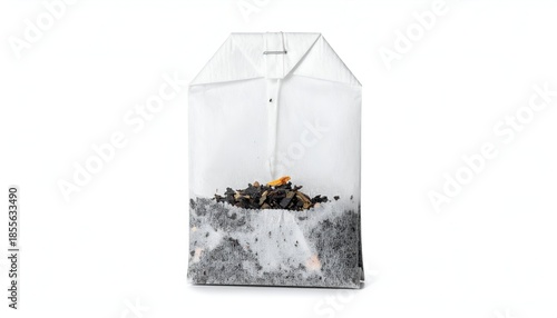 Single teabag filled with loose leaf tea, photographed against a stark white background