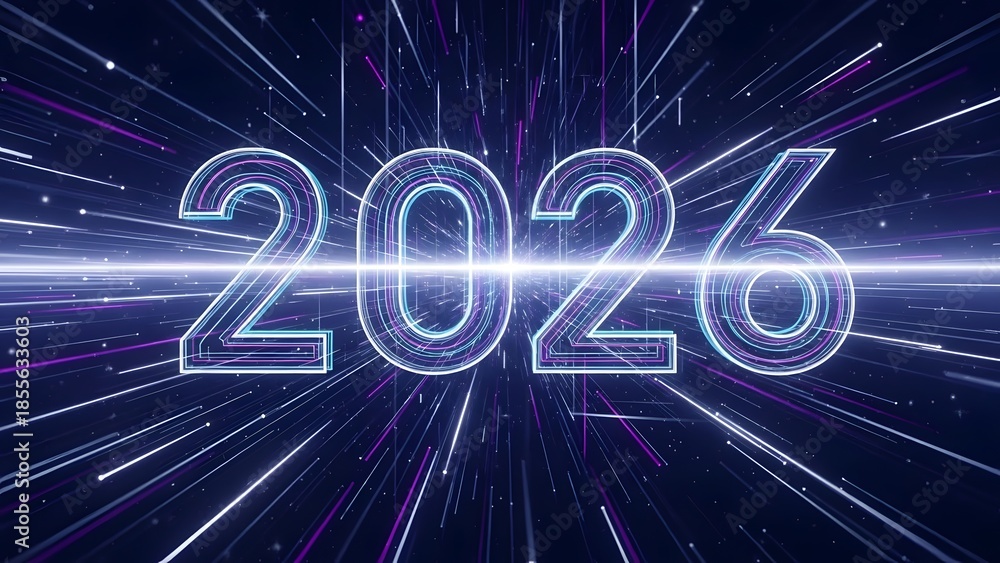 Fototapeta premium Glowing neon 2026 with vibrant purple and blue streaks