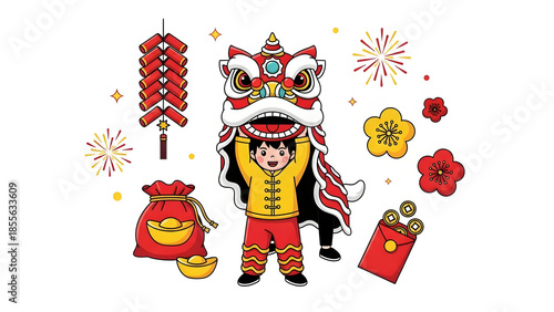 Vibrant Chinese New Year celebration with lion dancer and festive decorations