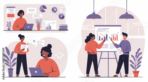 Diverse business team collaborating in modern office: presenting data charts, analyzing reports on laptops, brainstorming ideas — professional, energetic corporate meeting animation in 4K