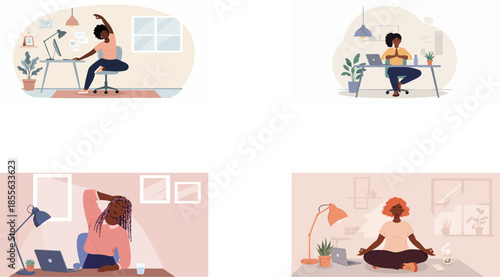 Remote workers balancing productivity and wellness at home: stretching, meditating, focused laptop work — calm, authentic work-from-home lifestyle animation in 4K