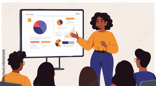 Confident African American businesswoman presenting data charts and graphs to diverse team in modern office meeting — professional, engaging corporate presentation animation in 4K