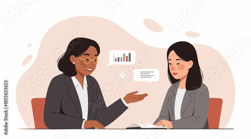 Two professional women in business meeting discussing data charts and reports — collaborative corporate conversation, confident presentation, modern office setting, 4K animated footage
