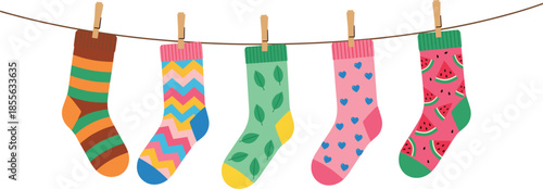 Colorful patterned socks hanging on clothesline vector illustration, cute laundry concept with playful designs and bright colors