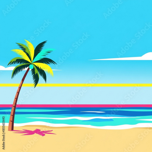 Vibrant retro beach scene with palm tree, colorful ocean waves, and bold sunset stripes — tropical paradise, summer vacation, 80s style vector illustration