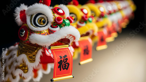 Vibrant lion dance heads in festive Chinese New Year celebration