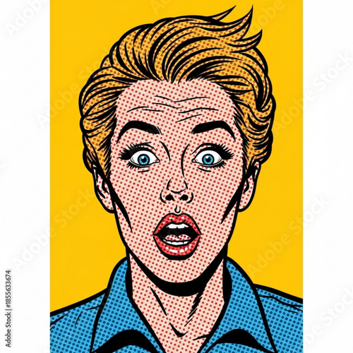 Pop art illustration of shocked woman with wide eyes and open mouth — dramatic expression, surprise reaction, bold comic book style on vibrant yellow background