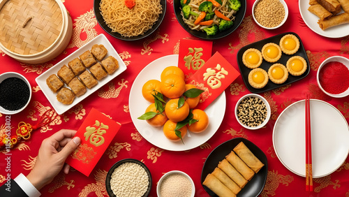 Vibrant Chinese New Year celebration table with traditional food and decorations