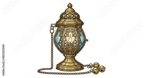 Ornate brass censer with chain in vintage illustration style